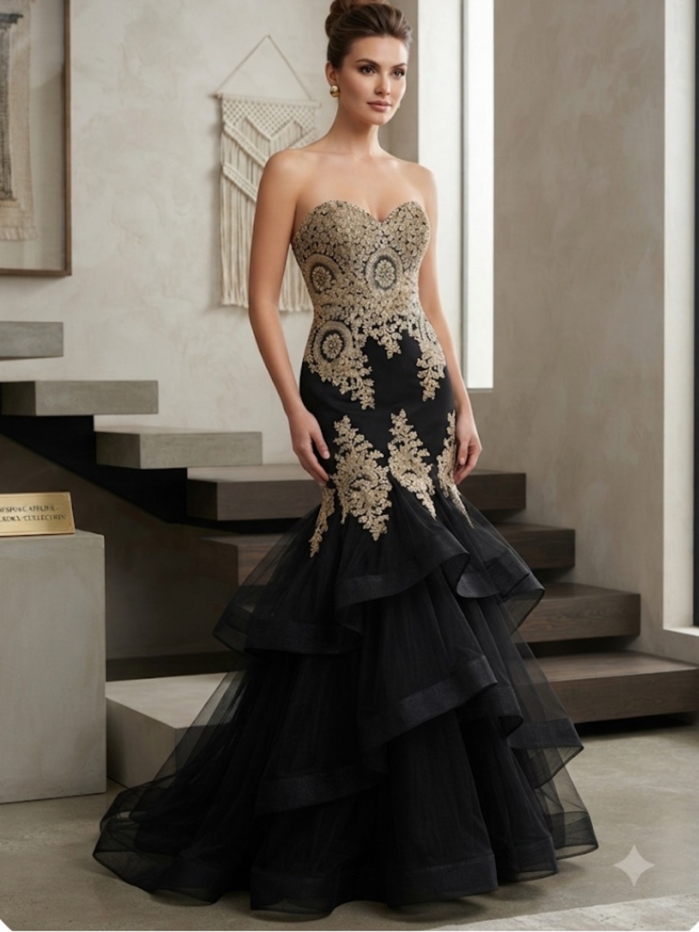 Night Studio Strapless Black Tulle Gown with Gold Embroidery formal Dress Size 6